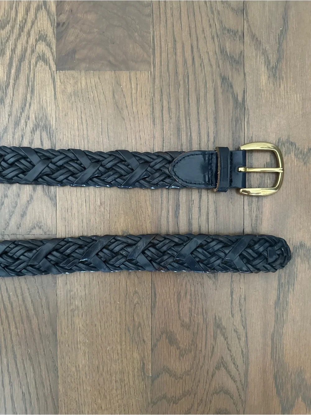 Vintage Talbots Braided Leather Belt Solid Brass Square Buckle Gloss Navy Large